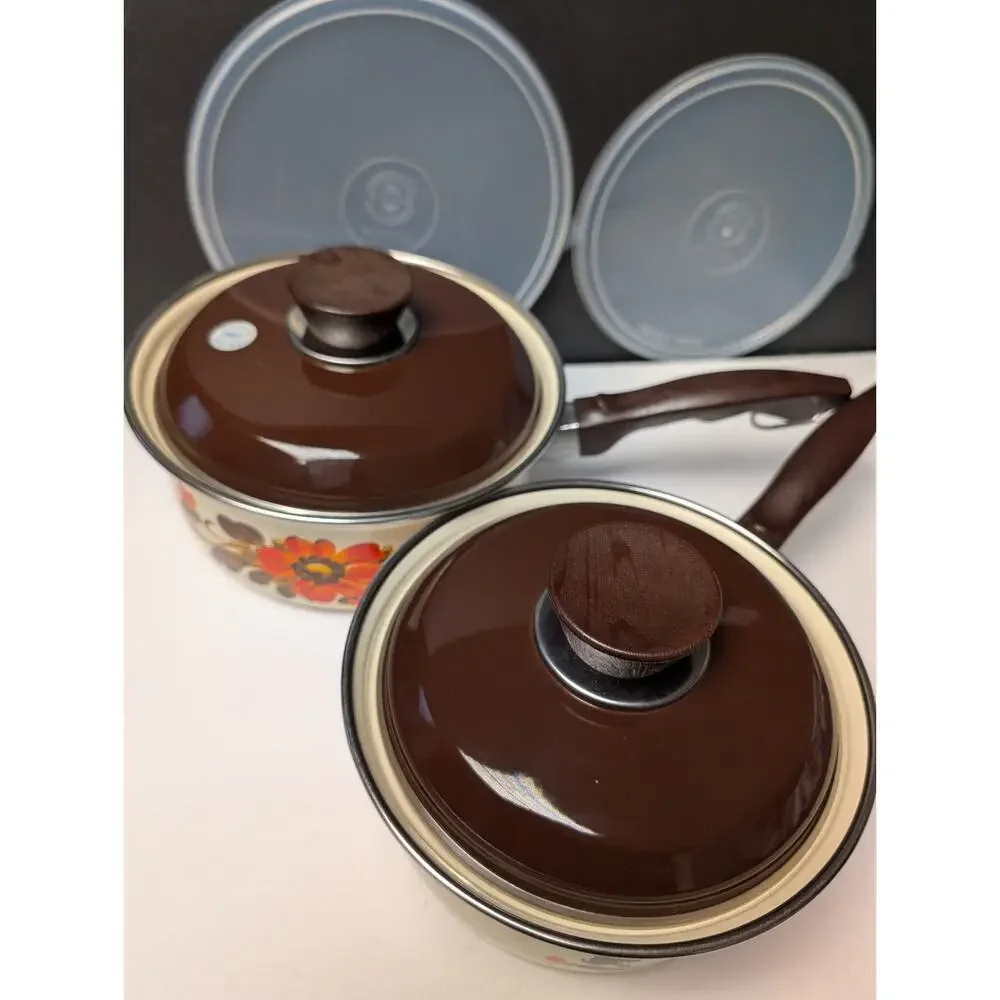 Vtg 70s Moneta Enamelware Pot Pan Set w/Lids 2 Cream Orange Brown Floral 6pc NEW